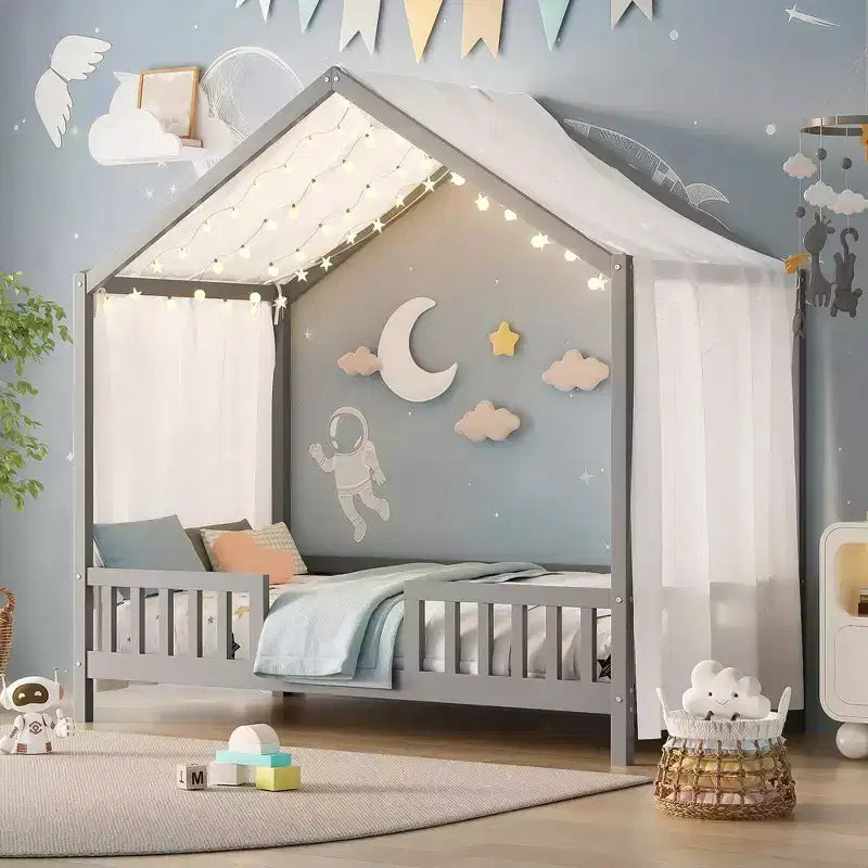 Twin Montessori Floor Bed with Canopy, House Bed Frame with High Railings for Kids, Gray