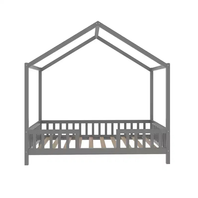 Twin Montessori Floor Bed with Canopy, House Bed Frame with High Railings for Kids, Gray