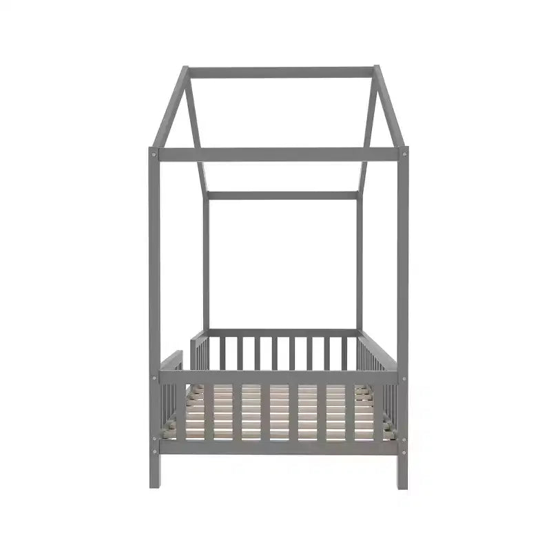 Twin Montessori Floor Bed with Canopy, House Bed Frame with High Railings for Kids, Gray