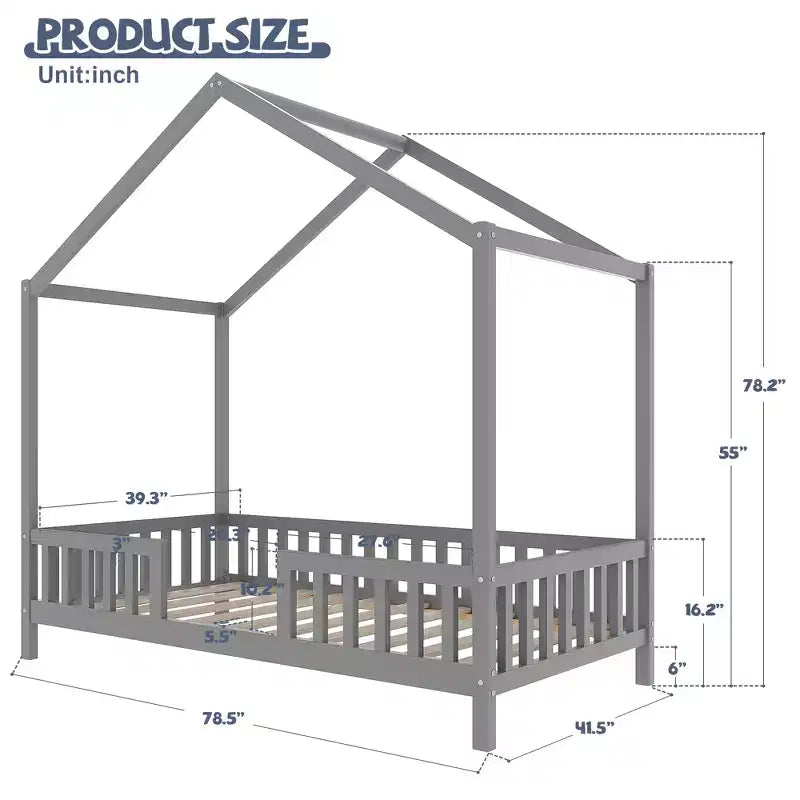 Twin Montessori Floor Bed with Canopy, House Bed Frame with High Railings for Kids, Gray