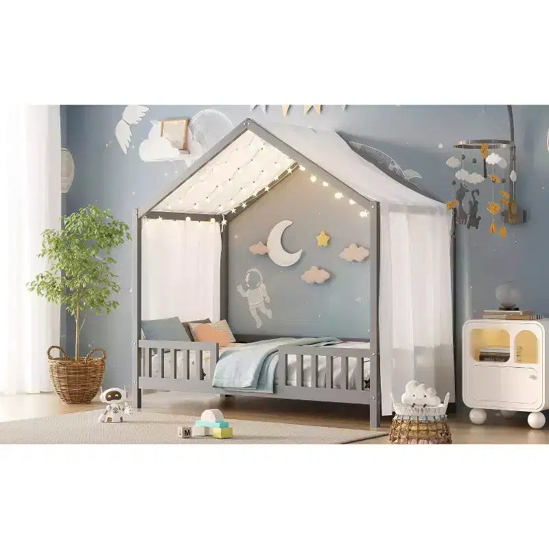 Twin Montessori Floor Bed with Canopy, House Bed Frame with High Railings for Kids, Gray