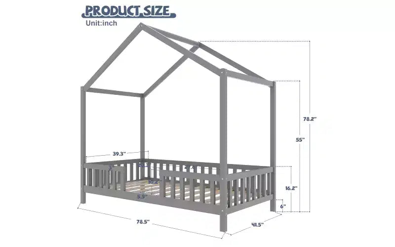 Twin Montessori Floor Bed with Canopy, House Bed Frame with High Railings for Kids, Gray