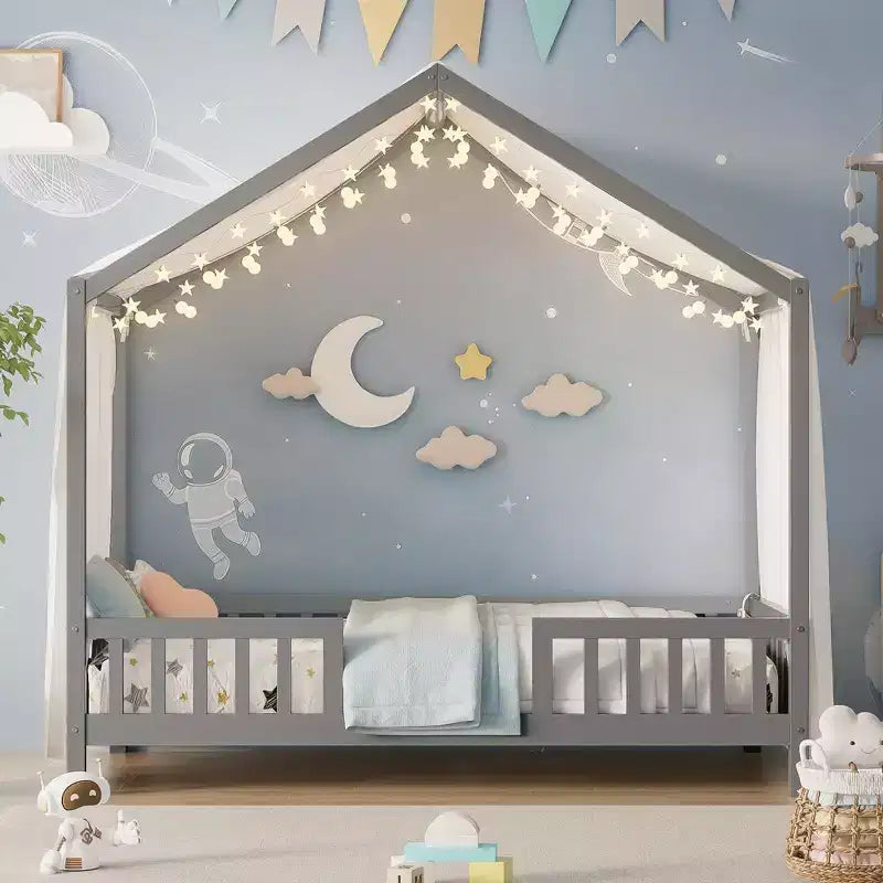 Twin Montessori Floor Bed with Canopy, House Bed Frame with High Railings for Kids, Gray