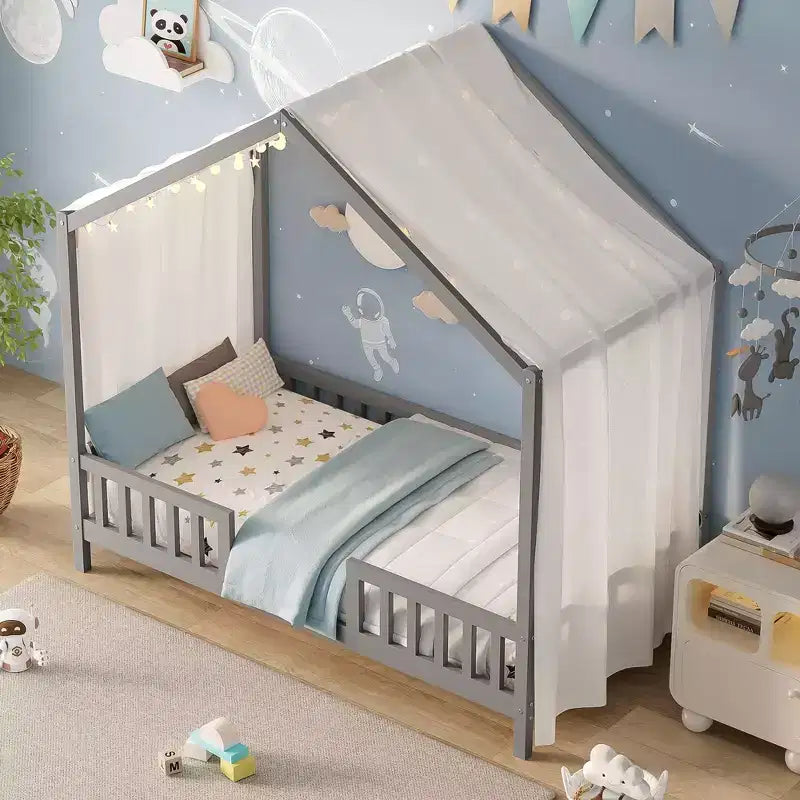 Twin Montessori Floor Bed with Canopy, House Bed Frame with High Railings for Kids, Gray