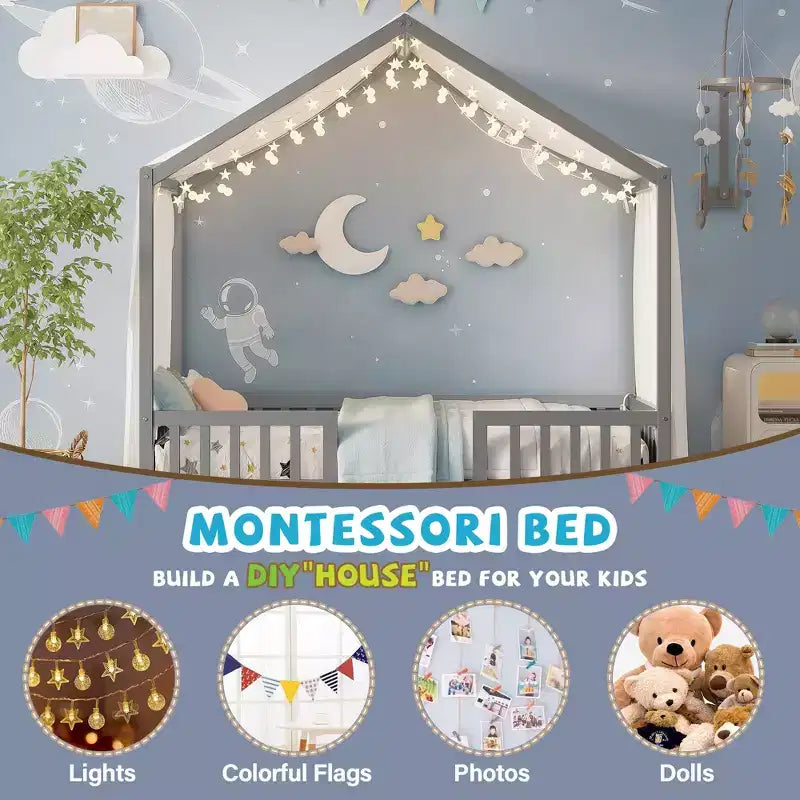 Twin Montessori Floor Bed with Canopy, House Bed Frame with High Railings for Kids, Gray