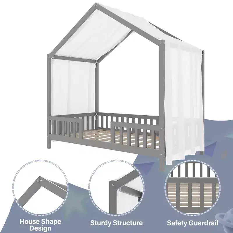 Twin Montessori Floor Bed with Canopy, House Bed Frame with High Railings for Kids, Gray