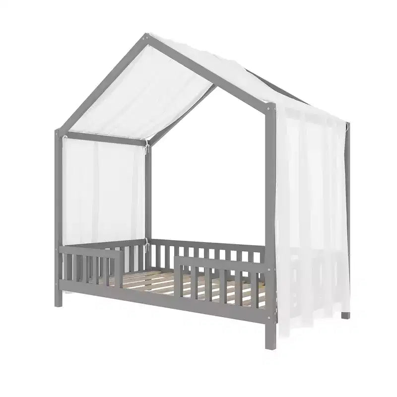 Twin Montessori Floor Bed with Canopy, House Bed Frame with High Railings for Kids, Gray