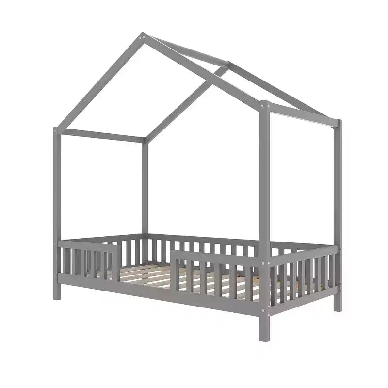 Twin Montessori Floor Bed with Canopy, House Bed Frame with High Railings for Kids, Gray