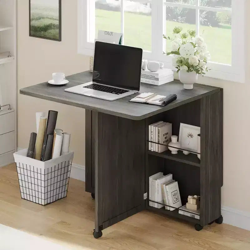 Folding Dining Table with Storage, Space Saving Kitchen Table on 6 Wheels with Drawer and Shelves, Dining Table for Small Spaces Apartments