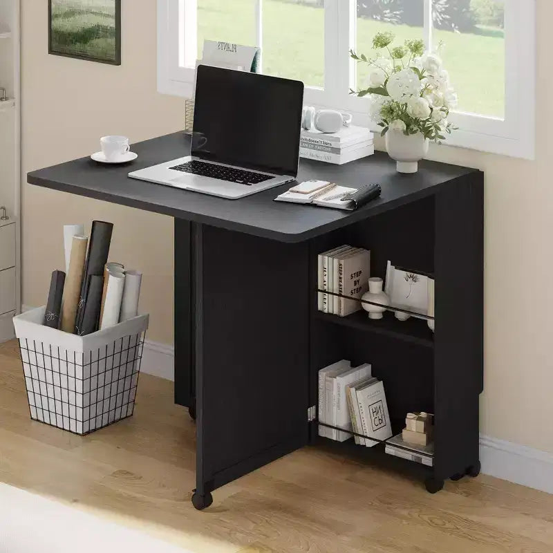 Folding Dining Table with Storage, Space Saving Kitchen Table on 6 Wheels with Drawer and Shelves, Dining Table for Small Spaces Apartments