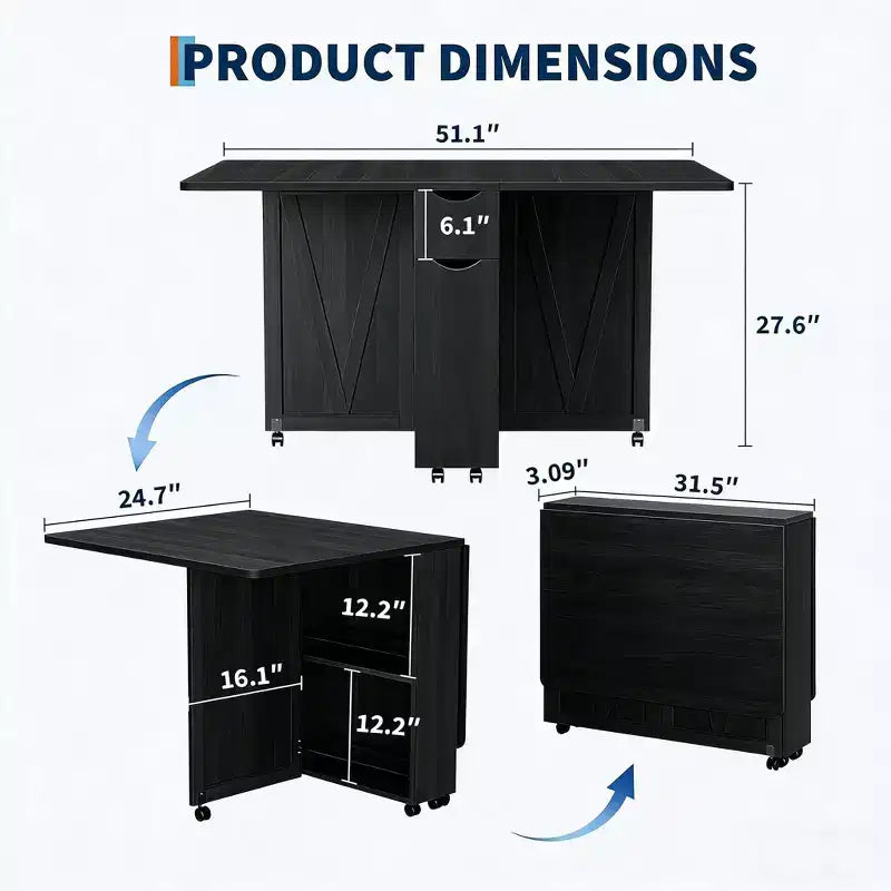 Folding Dining Table with Storage, Space Saving Kitchen Table on 6 Wheels with Drawer and Shelves, Dining Table for Small Spaces Apartments