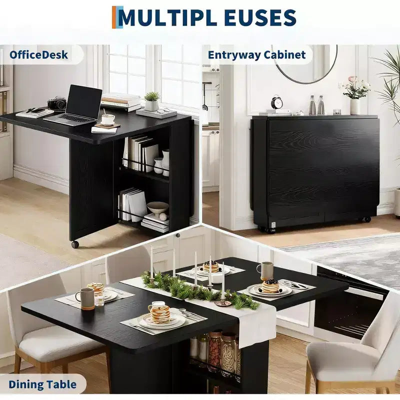 Folding Dining Table with Storage, Space Saving Kitchen Table on 6 Wheels with Drawer and Shelves, Dining Table for Small Spaces Apartments