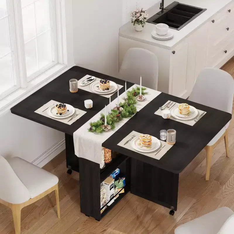 Folding Dining Table with Storage, Space Saving Kitchen Table on 6 Wheels with Drawer and Shelves, Dining Table for Small Spaces Apartments