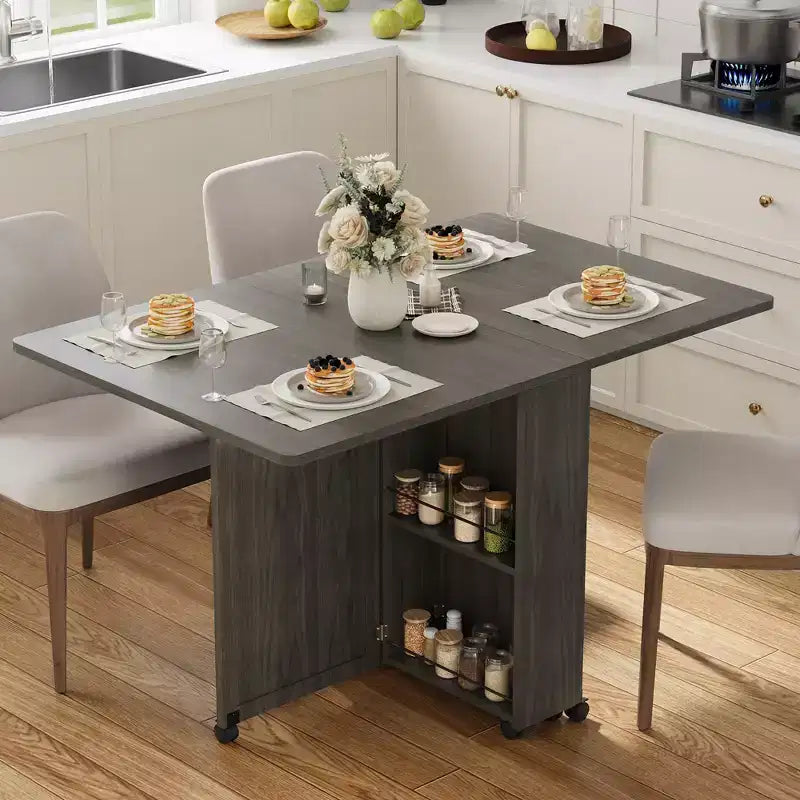 Folding Dining Table with Storage, Space Saving Kitchen Table on 6 Wheels with Drawer and Shelves, Dining Table for Small Spaces Apartments