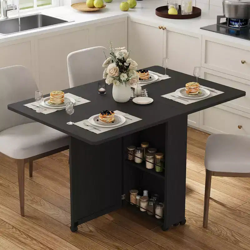 Folding Dining Table with Storage, Space Saving Kitchen Table on 6 Wheels with Drawer and Shelves, Dining Table for Small Spaces Apartments