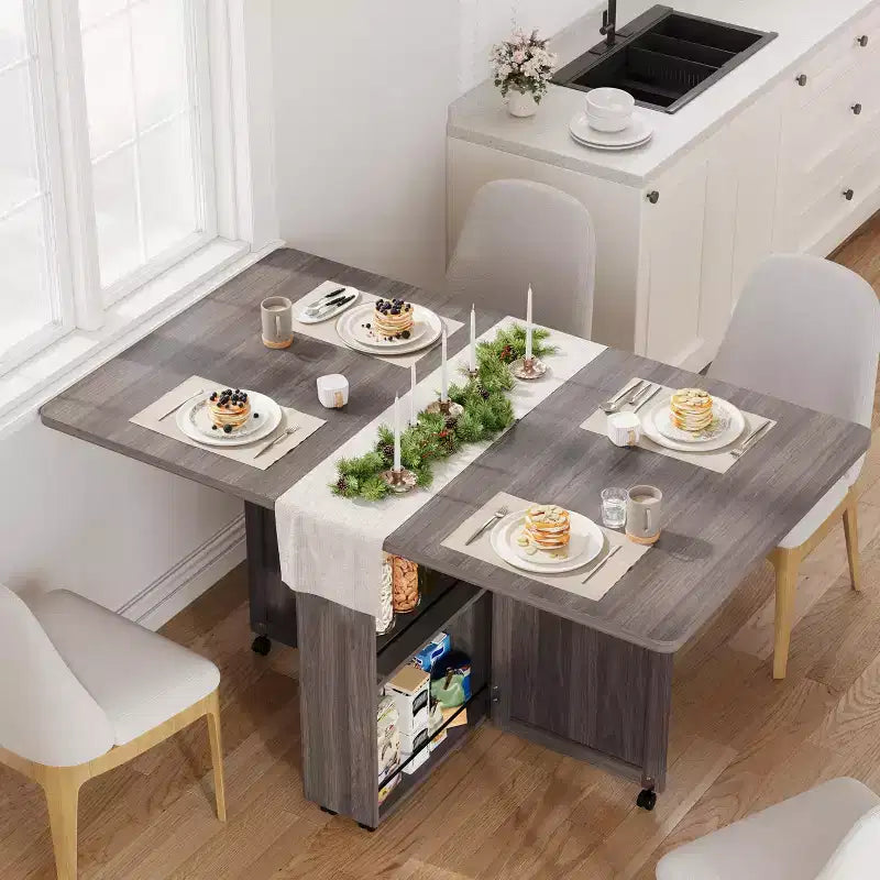 Folding Dining Table with Storage, Space Saving Kitchen Table on 6 Wheels with Drawer and Shelves, Dining Table for Small Spaces Apartments
