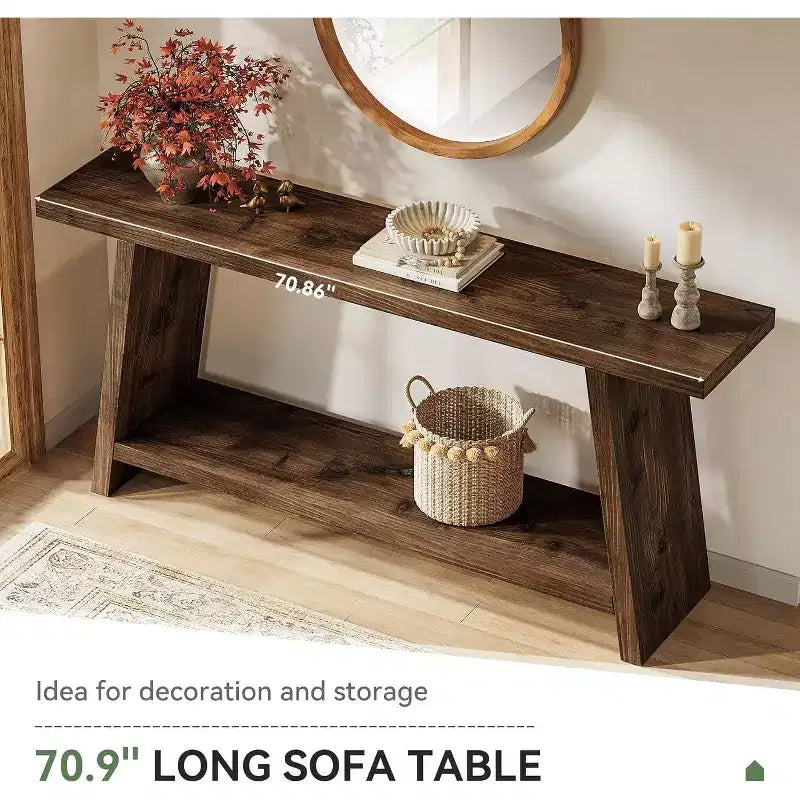 Lantine 70.9'' Solid Wood Console Table, Narrow Long Sofa Table Behind Couch with 2-Tier Storage for Living Room, Hallway, Foyer, Espresso Brown