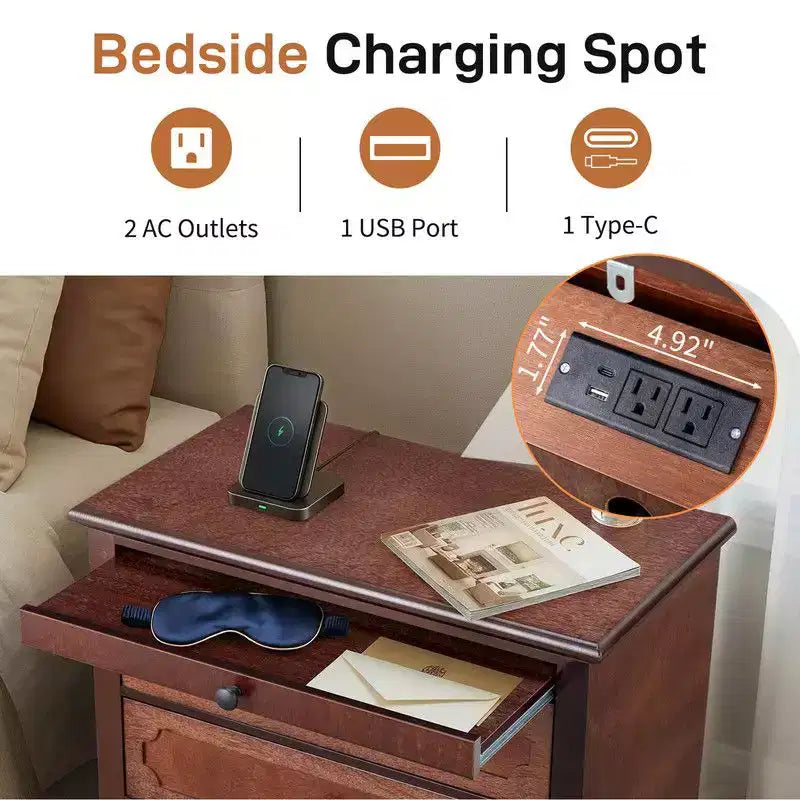 Karl Home P2 MDF Nightstand Solid Legs USB Type-C Power 3 Drawers Tray 28.3 Inch