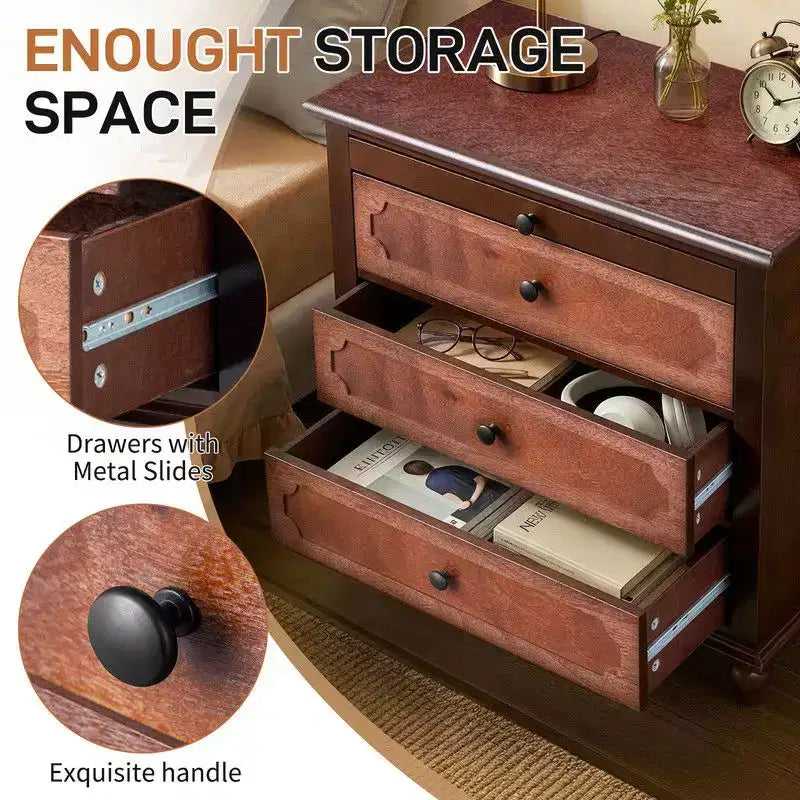 Karl Home P2 MDF Nightstand Solid Legs USB Type-C Power 3 Drawers Tray 28.3 Inch