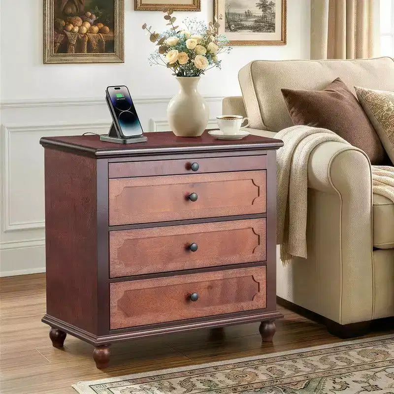Karl Home P2 MDF Nightstand Solid Legs USB Type-C Power 3 Drawers Tray 28.3 Inch