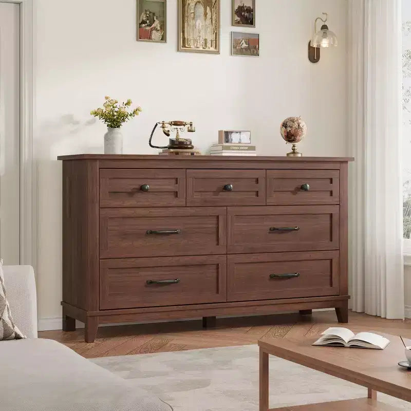 7 Drawer Dresser, 54 Inch Wide Wooden Chest Of Drawers with Deep Storage, Anti-Tip Bedroom Dresser for Living Room, Entryway, Hallway, Office