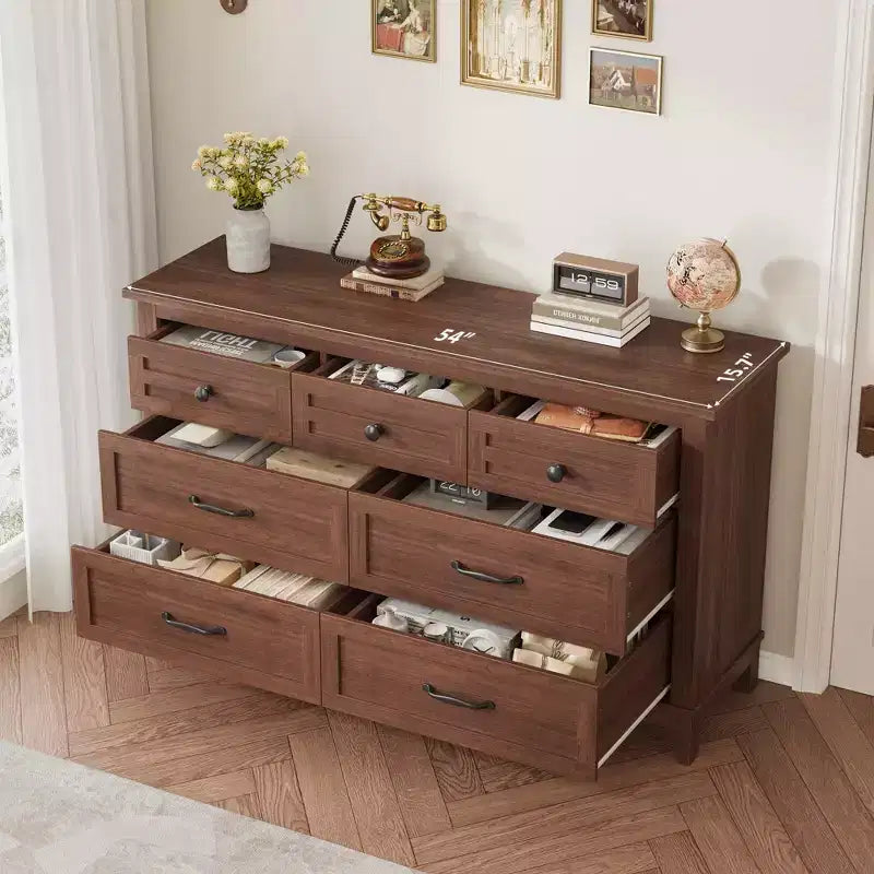 7 Drawer Dresser, 54 Inch Wide Wooden Chest Of Drawers with Deep Storage, Anti-Tip Bedroom Dresser for Living Room, Entryway, Hallway, Office