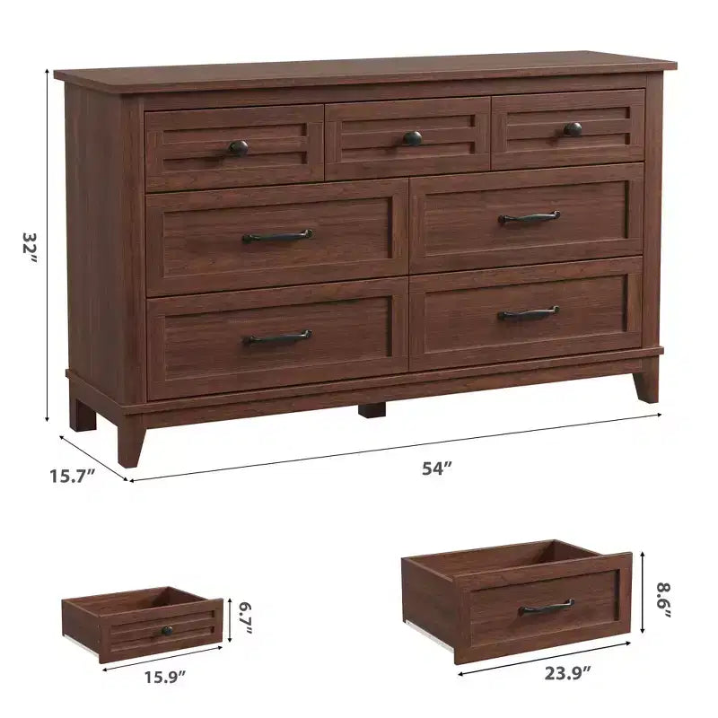 7 Drawer Dresser, 54 Inch Wide Wooden Chest Of Drawers with Deep Storage, Anti-Tip Bedroom Dresser for Living Room, Entryway, Hallway, Office