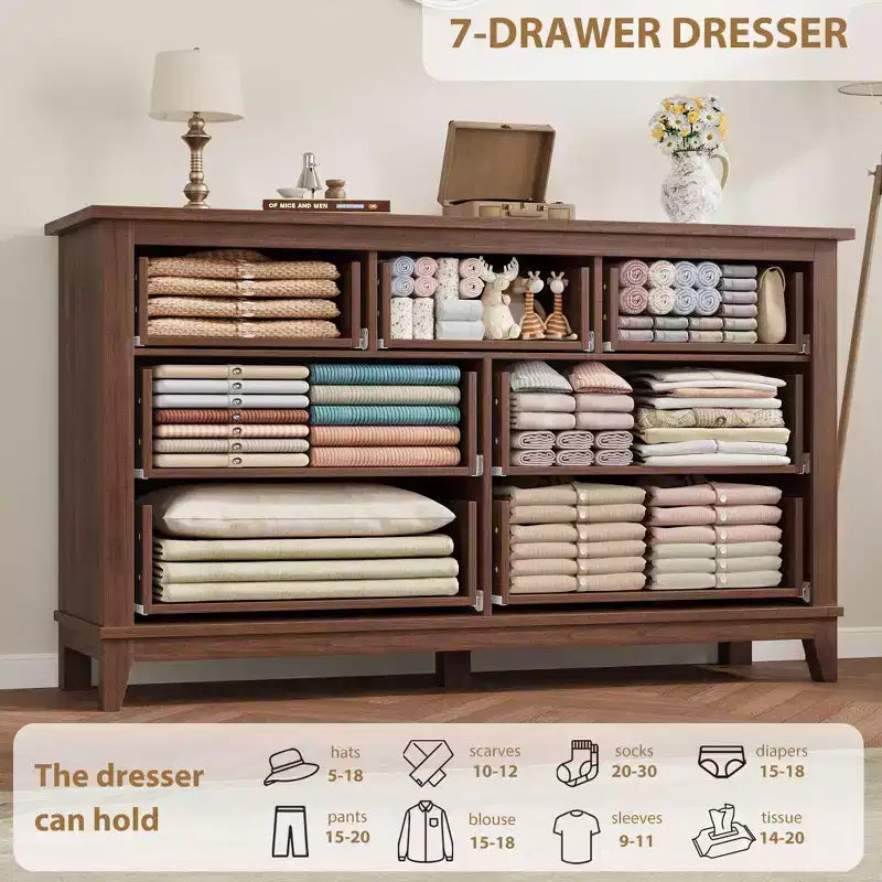 7 Drawer Dresser, 54 Inch Wide Wooden Chest Of Drawers with Deep Storage, Anti-Tip Bedroom Dresser for Living Room, Entryway, Hallway, Office