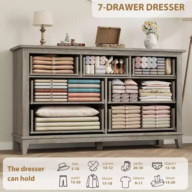 7 Drawer Dresser, 54 Inch Wide Wooden Chest Of Drawers with Deep Storage, Anti-Tip Bedroom Dresser for Living Room, Entryway, Hallway, Office