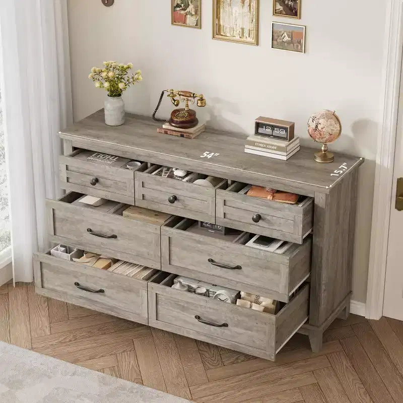 7 Drawer Dresser, 54 Inch Wide Wooden Chest Of Drawers with Deep Storage, Anti-Tip Bedroom Dresser for Living Room, Entryway, Hallway, Office