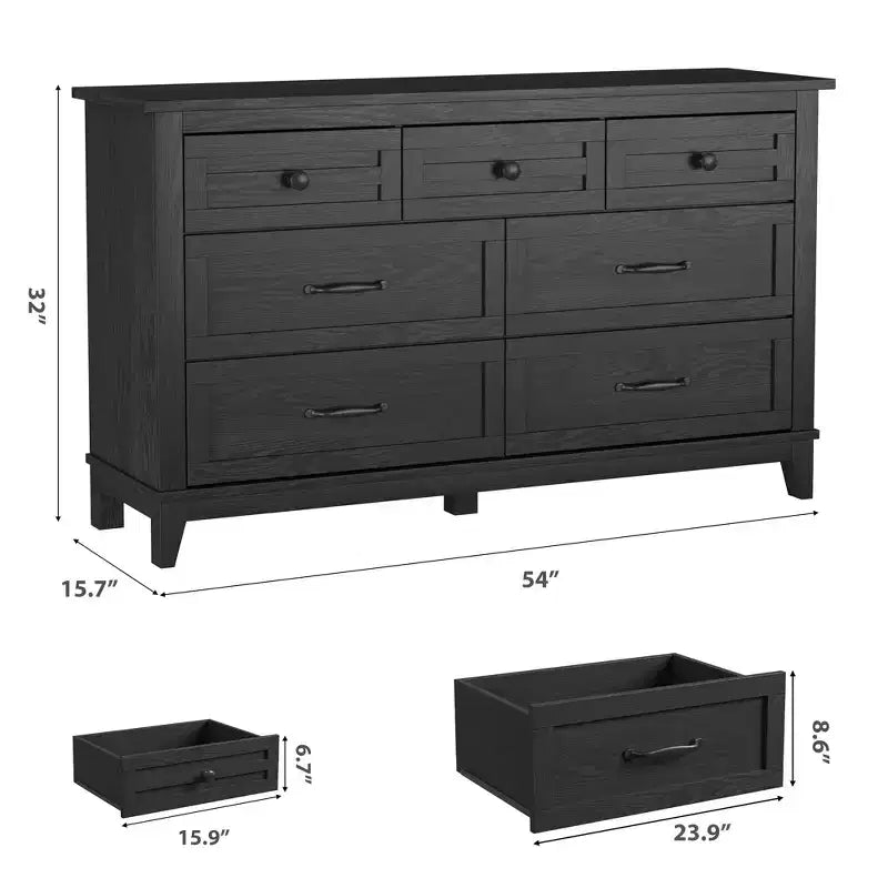 7 Drawer Dresser, 54 Inch Wide Wooden Chest Of Drawers with Deep Storage, Anti-Tip Bedroom Dresser for Living Room, Entryway, Hallway, Office