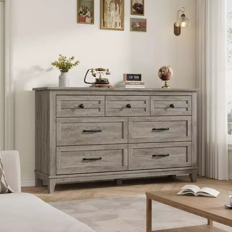 7 Drawer Dresser, 54 Inch Wide Wooden Chest Of Drawers with Deep Storage, Anti-Tip Bedroom Dresser for Living Room, Entryway, Hallway, Office