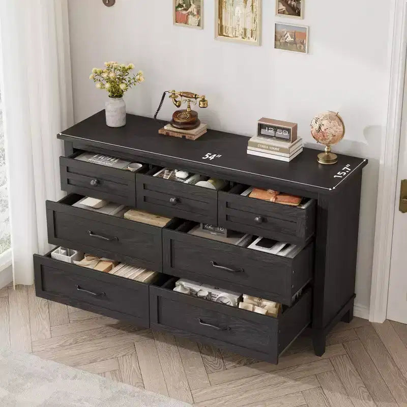 7 Drawer Dresser, 54 Inch Wide Wooden Chest Of Drawers with Deep Storage, Anti-Tip Bedroom Dresser for Living Room, Entryway, Hallway, Office