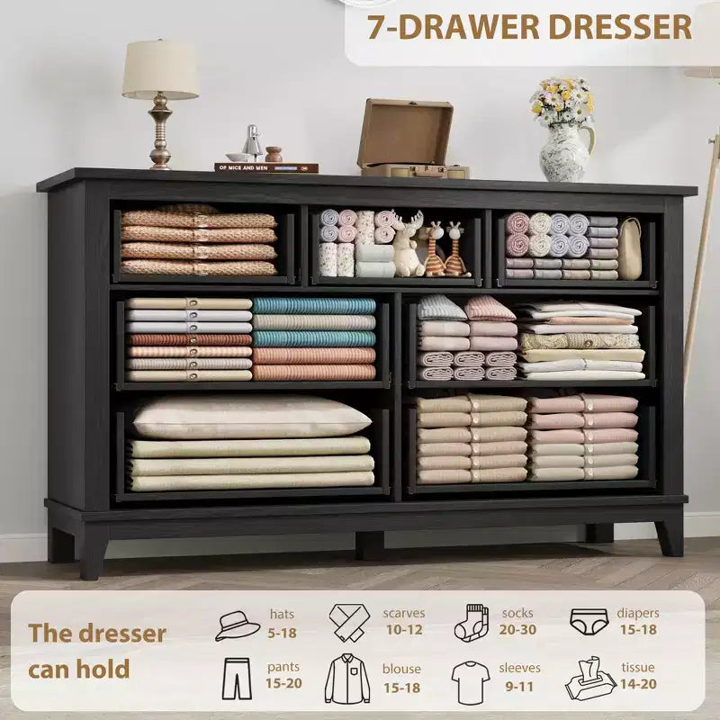 7 Drawer Dresser, 54 Inch Wide Wooden Chest Of Drawers with Deep Storage, Anti-Tip Bedroom Dresser for Living Room, Entryway, Hallway, Office