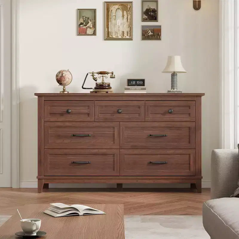 7 Drawer Dresser, 54 Inch Wide Wooden Chest Of Drawers with Deep Storage, Anti-Tip Bedroom Dresser for Living Room, Entryway, Hallway, Office
