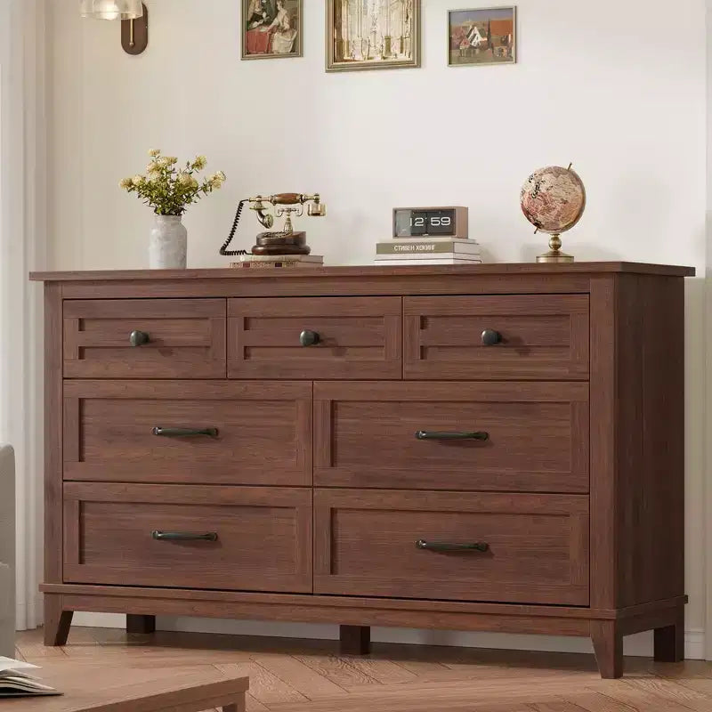 7 Drawer Dresser, 54 Inch Wide Wooden Chest Of Drawers with Deep Storage, Anti-Tip Bedroom Dresser for Living Room, Entryway, Hallway, Office