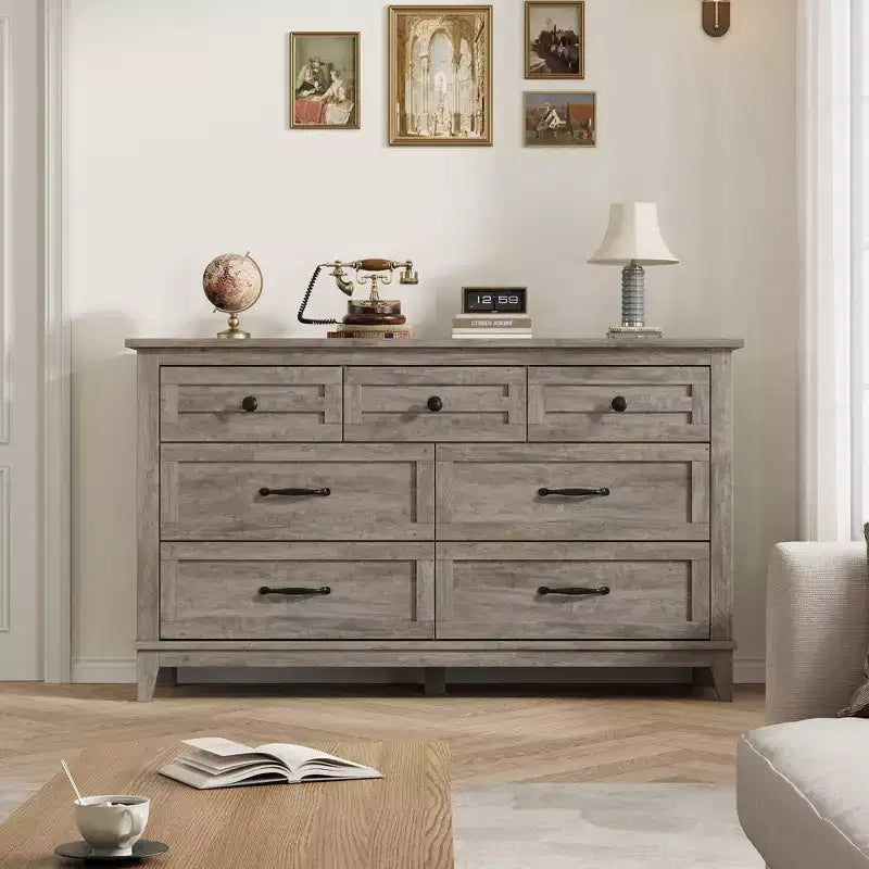 7 Drawer Dresser, 54 Inch Wide Wooden Chest Of Drawers with Deep Storage, Anti-Tip Bedroom Dresser for Living Room, Entryway, Hallway, Office
