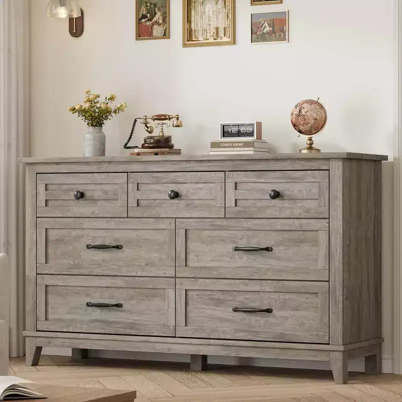 7 Drawer Dresser, 54 Inch Wide Wooden Chest Of Drawers with Deep Storage, Anti-Tip Bedroom Dresser for Living Room, Entryway, Hallway, Office