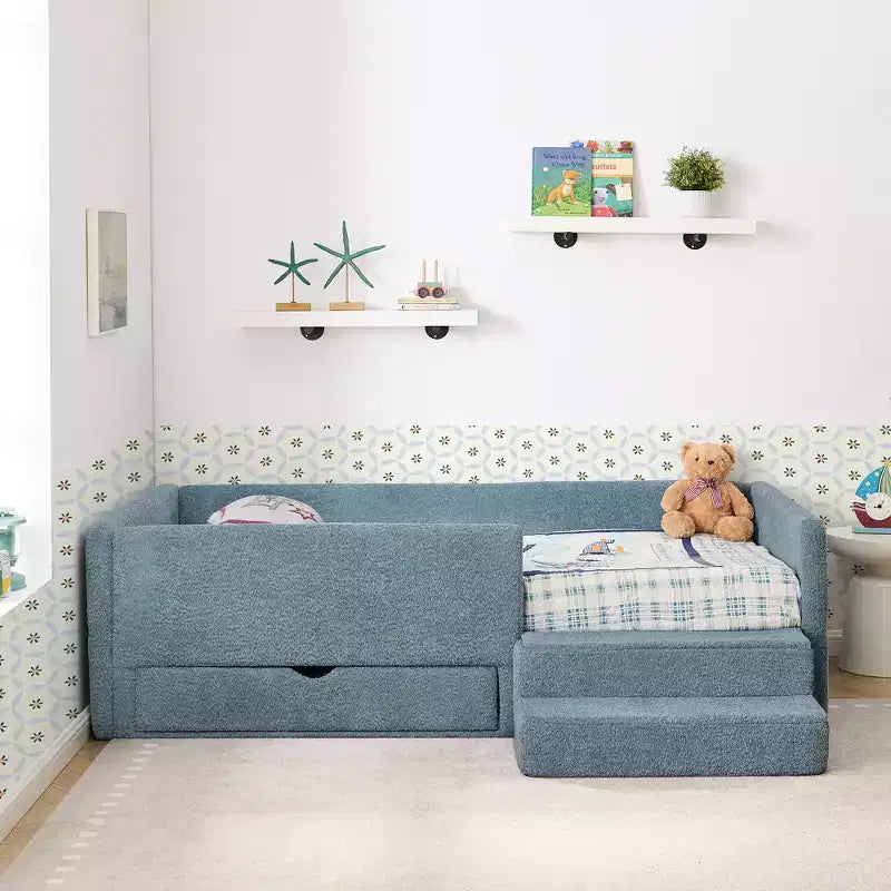 GDFStudio Karina Modern Twin Size Boucle Upholstered Kids Bed with Guardrails, 1 Drawer and 1 Step Stool
