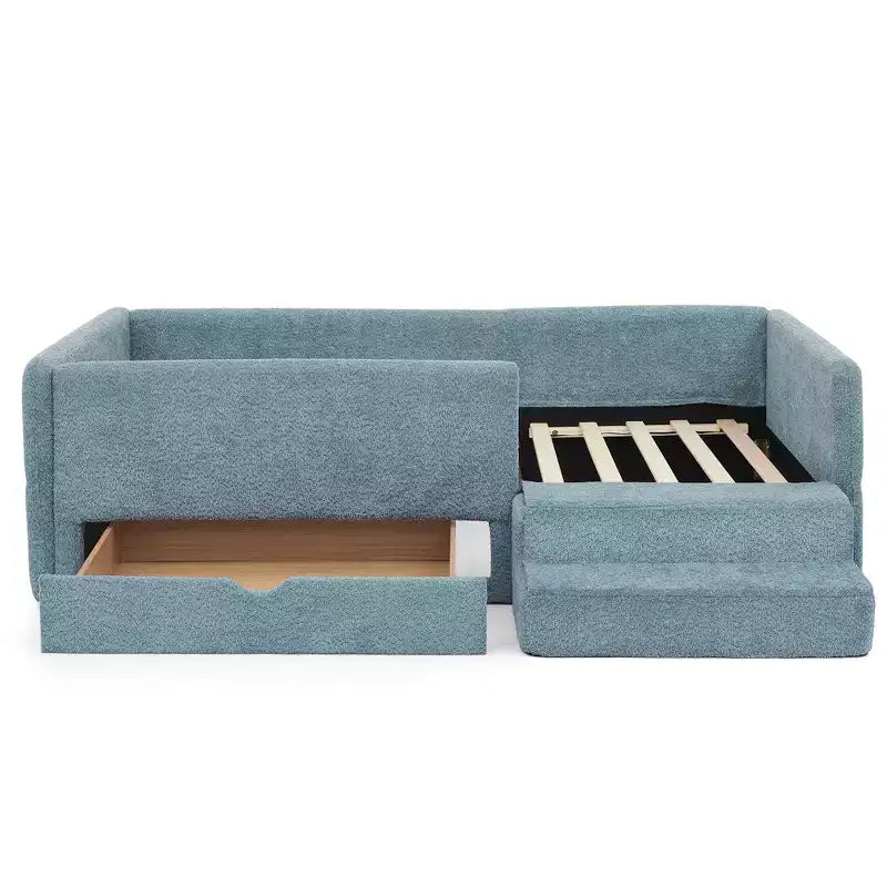 GDFStudio Karina Modern Twin Size Boucle Upholstered Kids Bed with Guardrails, 1 Drawer and 1 Step Stool