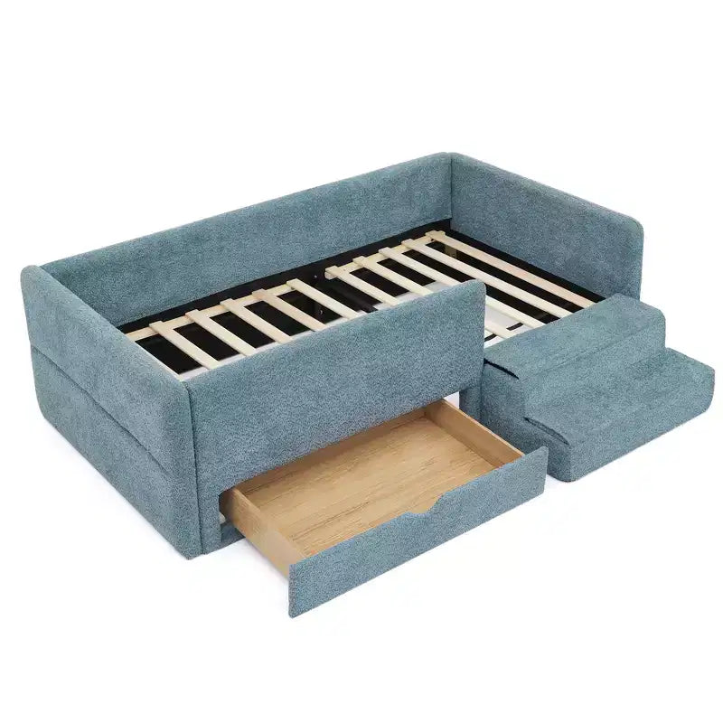 GDFStudio Karina Modern Twin Size Boucle Upholstered Kids Bed with Guardrails, 1 Drawer and 1 Step Stool