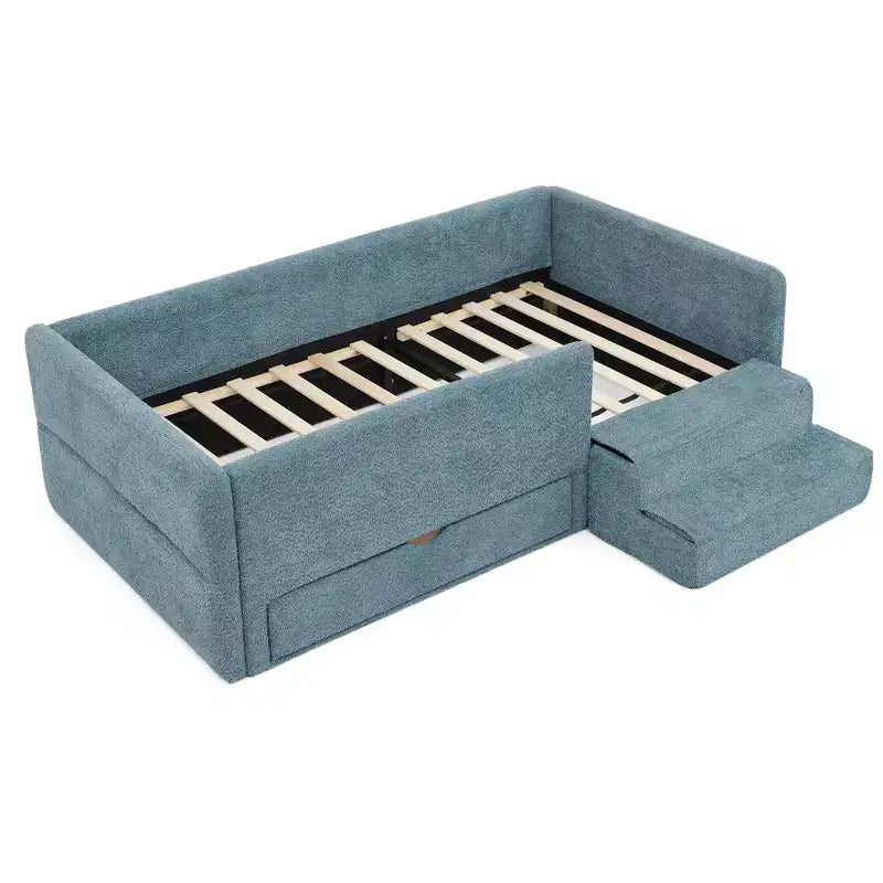 GDFStudio Karina Modern Twin Size Boucle Upholstered Kids Bed with Guardrails, 1 Drawer and 1 Step Stool