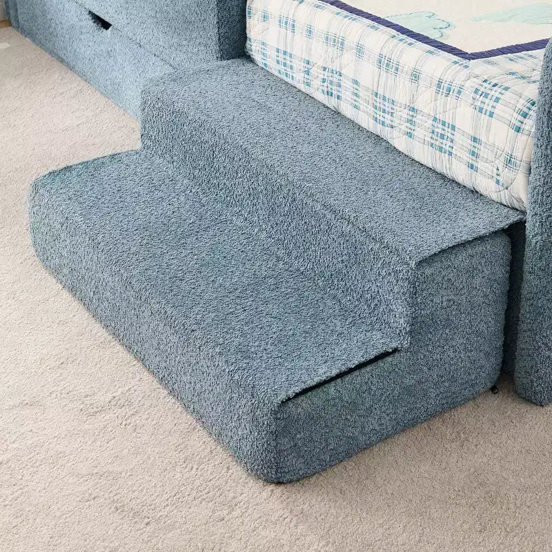 GDFStudio Karina Modern Twin Size Boucle Upholstered Kids Bed with Guardrails, 1 Drawer and 1 Step Stool