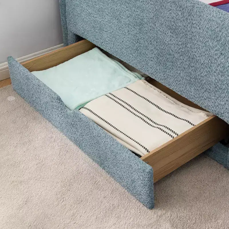 GDFStudio Karina Modern Twin Size Boucle Upholstered Kids Bed with Guardrails, 1 Drawer and 1 Step Stool