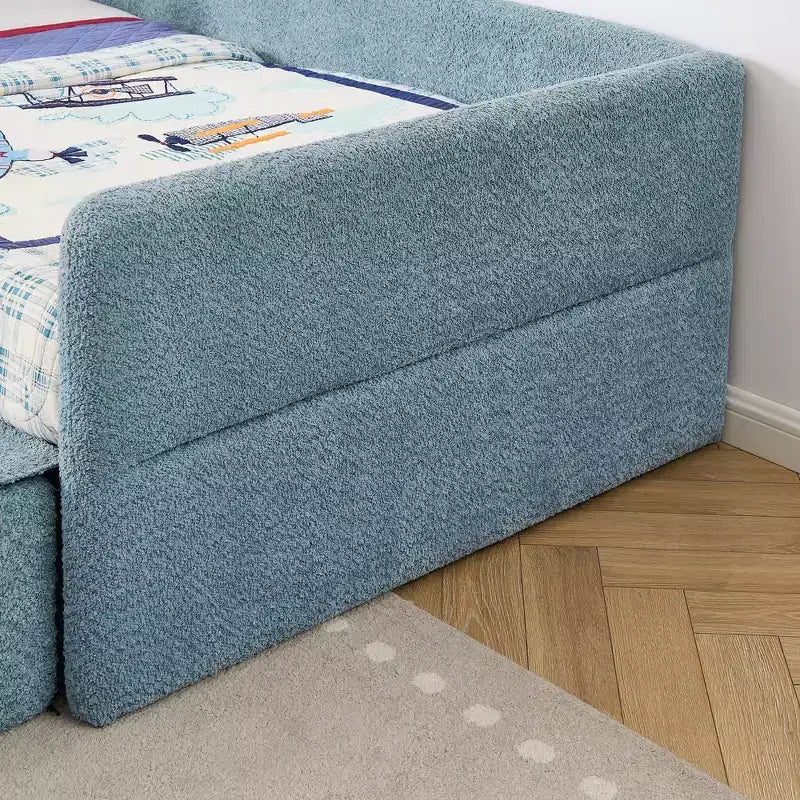 GDFStudio Karina Modern Twin Size Boucle Upholstered Kids Bed with Guardrails, 1 Drawer and 1 Step Stool