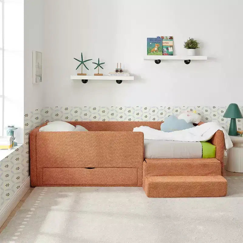 GDFStudio Karina Modern Twin Size Boucle Upholstered Kids Bed with Guardrails, 1 Drawer and 1 Step Stool