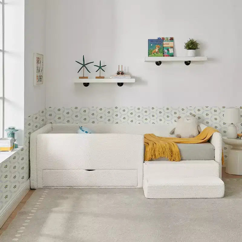 GDFStudio Karina Modern Twin Size Boucle Upholstered Kids Bed with Guardrails, 1 Drawer and 1 Step Stool