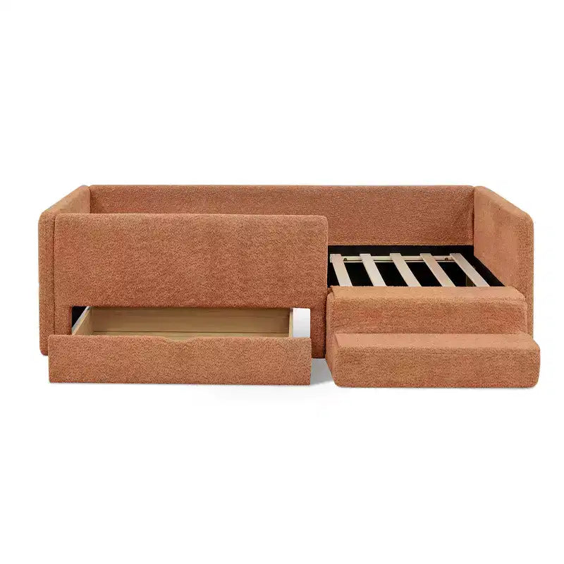 GDFStudio Karina Modern Twin Size Boucle Upholstered Kids Bed with Guardrails, 1 Drawer and 1 Step Stool