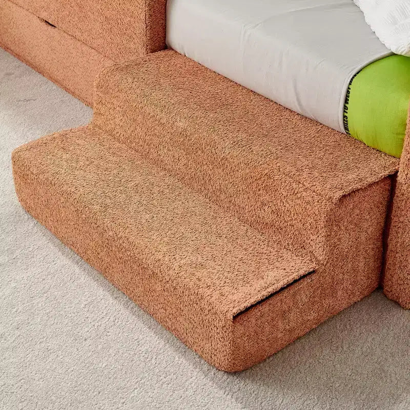 GDFStudio Karina Modern Twin Size Boucle Upholstered Kids Bed with Guardrails, 1 Drawer and 1 Step Stool