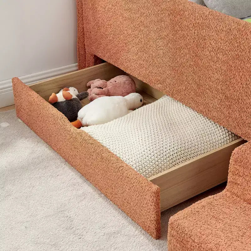 GDFStudio Karina Modern Twin Size Boucle Upholstered Kids Bed with Guardrails, 1 Drawer and 1 Step Stool